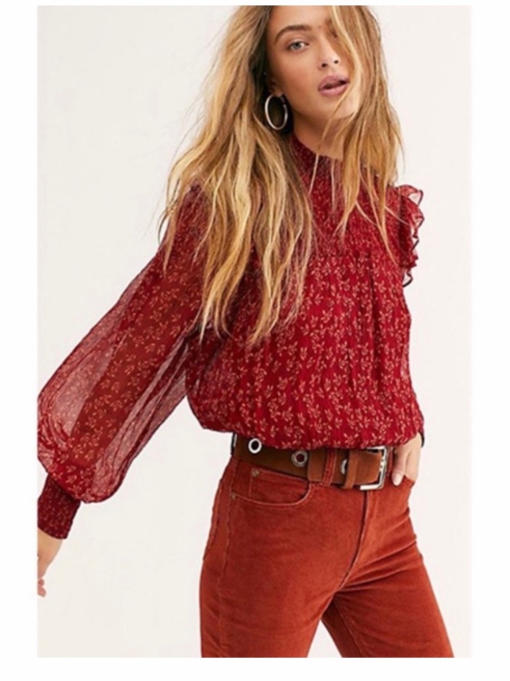 Free People Burgundy Floral Smocked Blouse
